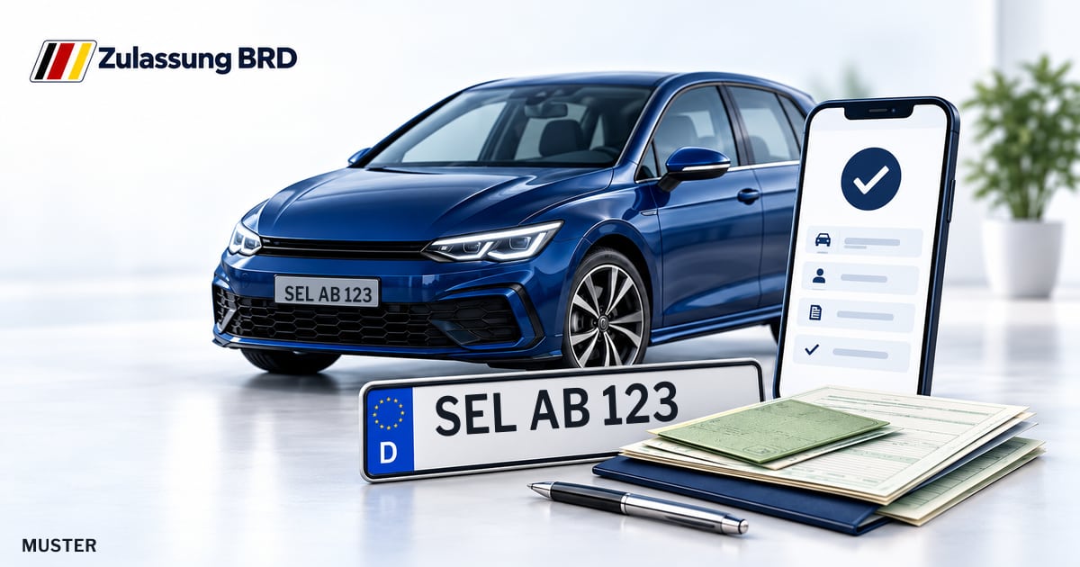 Online Fahrzeugzulassung in Selb: Musterkennzeichen SEL AB 123, Auto und Fahrzeugpapiere und Smartphone. Illustration mit Logo von Zulassung BRD.